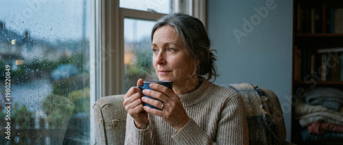 Mature woman in a knit sweater sits by a rain covered window holding a hot drink and looking outside, intimate home portrait with soft natural light, a reflective mood, and quiet comfort on a wet day