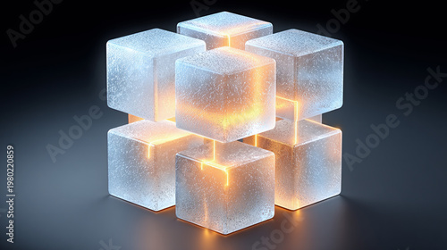 Abstract glowing cubes interconnected in a futuristic 3D digital network with cool blue and warm orange light.