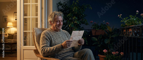 Older man sitting on a balcony at night and reading a handwritten letter with a gentle smile, framed by potted plants and warm light from the open living room behind him at home quietly