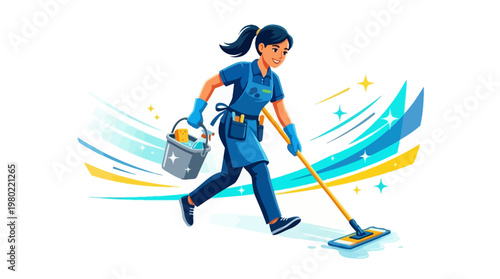 Woman cleaning with mop and bucket.