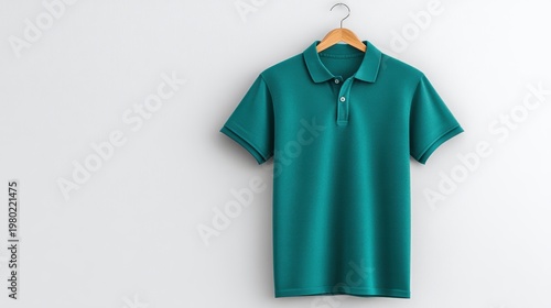 Deep teal polo shirt mockup for men on a wooden hanger against a white wall