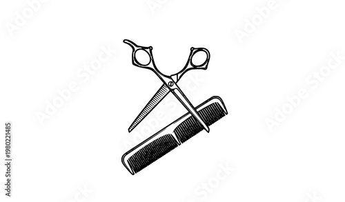 Vintage barber scissors and comb vector line icon for hair salon and grooming designs