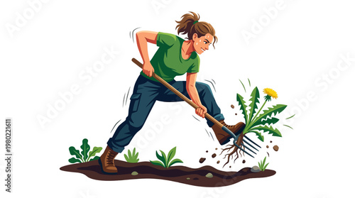 Woman digging with garden shovel outdoors.