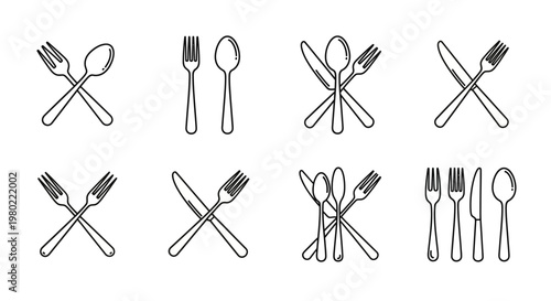 Minimalist cutlery icon set, black line art of forks spoons and knives, restaurant dining silverware collection, 8 vector flat symbols for menu design