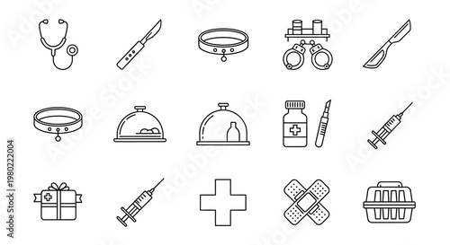 Veterinary medicine line icons set, professional pet healthcare and animal clinic equipment, 15 vector symbols for veterinary surgery and care