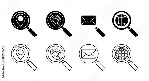 Minimalist contact search icon set, magnifying glass with location pin and phone symbols, 8 black and white vector elements for business communication