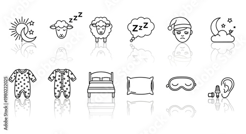 Sleep and insomnia line icons set, 12 vector elements for bedtime and dreaming, black outline symbols of sheep, bed, moon and pajamas