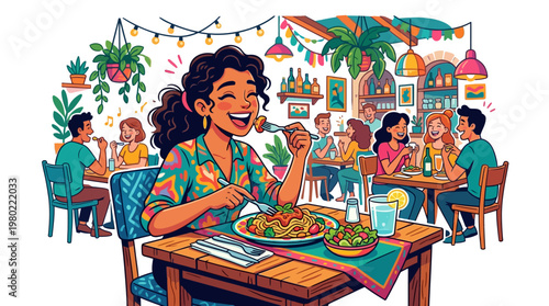 Woman eating at outdoor restaurant table.