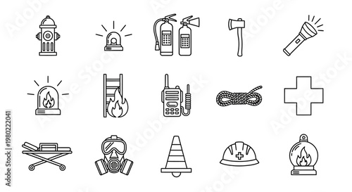 Firefighter equipment line icons set, 15 firefighting and emergency rescue vector elements, black outline fire safety symbols for web and print
