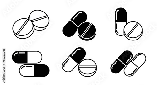 Medical pill and capsule icons set, black and white pharmaceutical drug vector elements, healthcare medication symbols for pharmacy and clinic