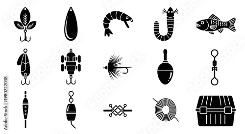 Fishing tackle icons set, 15 black silhouette fishing lure and gear elements, professional angling equipment vector collection for outdoor hobby design