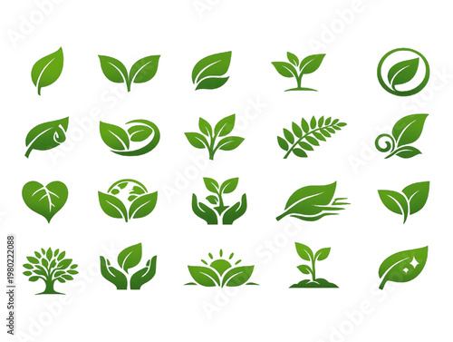Set of green leaf icons. Green color. Leafs green color icon logo. Leaves on white background. Ecology. Vector illustration.