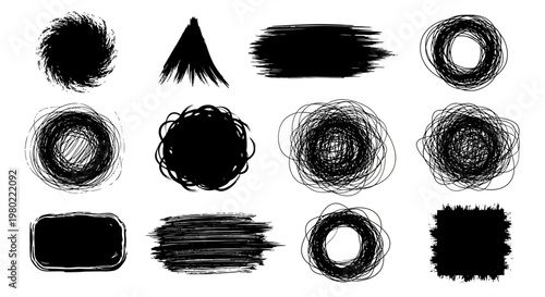Hand drawn ink brush strokes and scribble circles, collection of 12 black grunge vector elements, messy charcoal textures for graphic design