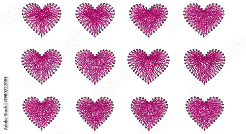 Pink embroidery heart icons set, decorative stitched thread hearts collection, 12 romantic needlework vector elements for wedding and valentine craft