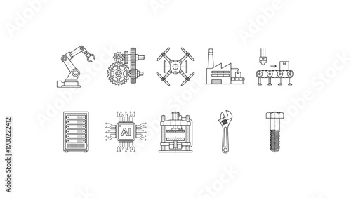 Industrial Technology Icons Featuring Automation, Robotics, and AI