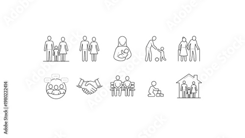 Diverse vector line icons illustrating family life, community support, and human relationships across generations