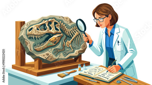 Woman Examining Dinosaur Fossil Skeleton Remains.