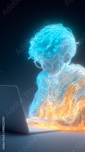 A glowing, futuristic person made of fiber optics intently works on a laptop, symbolizing digital intelligence and data flow.