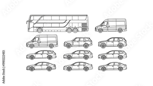 Collection of different types of vehicles, including buses and cars