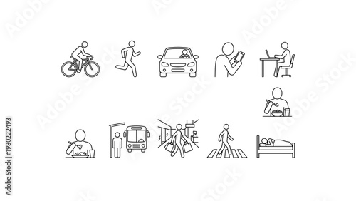 Icons depicting daily life activities and modes of transport for people