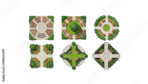 Variety of isometric park and garden layouts showcasing diverse urban green space designs