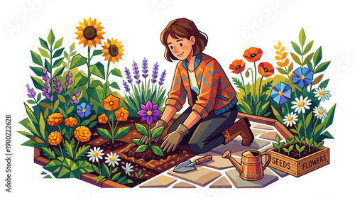 Woman gardening in flower garden.