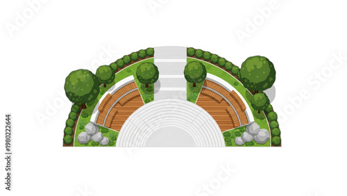 Illustrative top-down view of an elegant open-air theater with terraced seating, a central performance area, and lush surrounding greenery