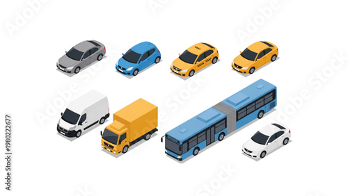 Isometric vehicles collection Cars, trucks, buses, and vans for transportation concepts