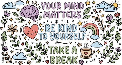 Mental Health Self Care and Mindfulness Positive Mind, Illustration Doodle Cartoon Collection 
