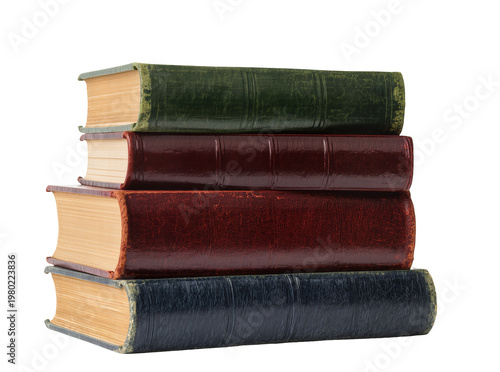 Obraz na płótnie Isolated stack of four old vintage leather-bound books with colorful antique cov