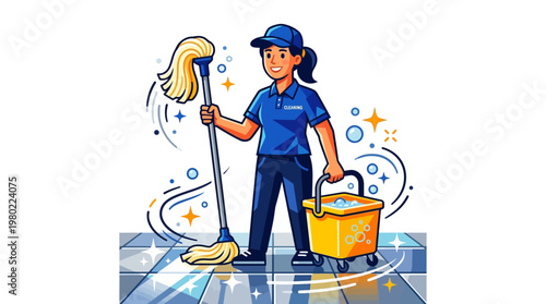 Woman holding mop and bucket cleaning.