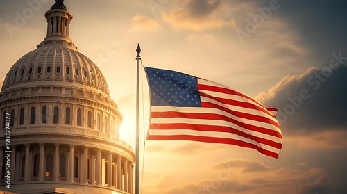 Majestic american flag waving proudly near the capitol building dome against a vibrant dramatic sunset sky backdrop representing democracy.