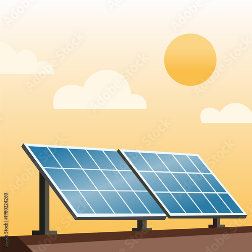 Solar panels absorbing sunlight on a clear day with fluffy clouds and a bright sun