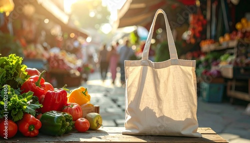 Reusable Shopping Bag at Farmers Market with Fresh Produce.