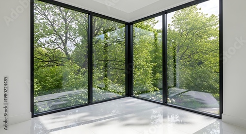 Contemporary living space featuring wide windows and a view of dense green forest foliage in sunlight