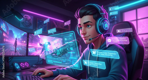 Ultra-realistic cartoon-style gamer streamer with a futuristic headset, holographic streaming interface, and chat messages floating in transparent neon holograms.
