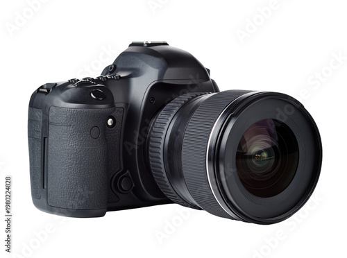 Fotografie Isolated modern black professional camera with an attached lens, essential photo