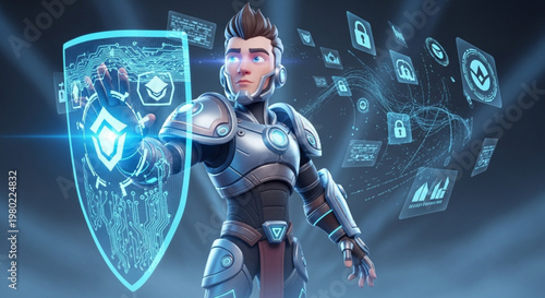A cartoon-style cybersecurity guardian, futuristic armor with a shiny holographic shield, soft shades of blue and silver, and dramatic cinematic lighting.