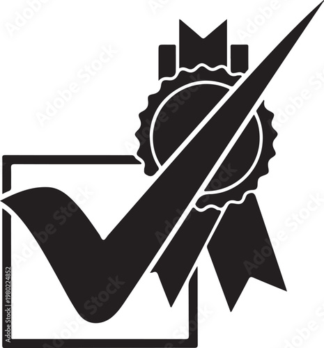 Check mark with rosette award symbol on certificate icon black and white