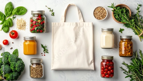 Eco-Friendly Tote Bag with Fresh Produce and Preserved Foods.