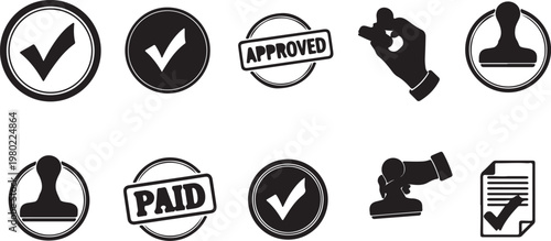 Collection of black and white approval and confirmation icons and symbols