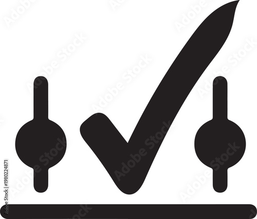 Graphic symbol with check mark and two turntable knobs on line