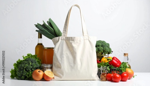 Reusable Shopping Bag Filled with Fresh Organic Groceries and Produce.