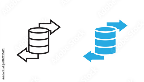 : Minimal outline icon of a database cylinder with arrows, representing data transfer, synchronization, storage systems, and server communication.