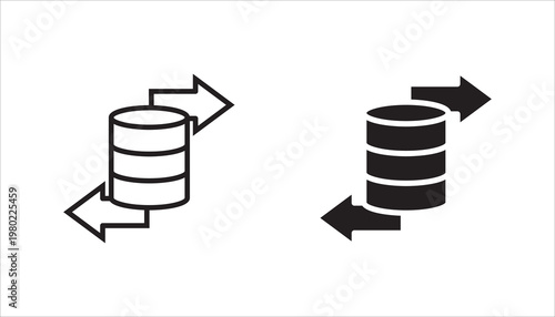 : Minimal outline icon of a database cylinder with arrows, representing data transfer, synchronization, storage systems, and server communication.