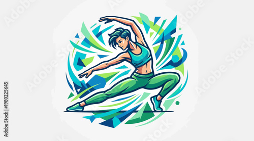 Woman in green yoga outfit stretching.