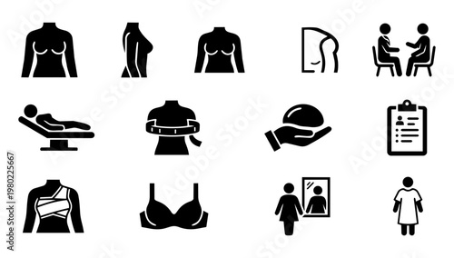 Breast Surgery Consultation Silhouette Set, Plastic Surgery Patient Journey Icons, Cosmetic Clinic Body Concepts Vector