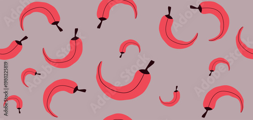 Red chili pepper seamless pattern in flat hand-drawn style. Vector background with hot spicy peppers for kitchen textile, restaurant menu, Mexican food packaging and organic market decor. Isolated on 