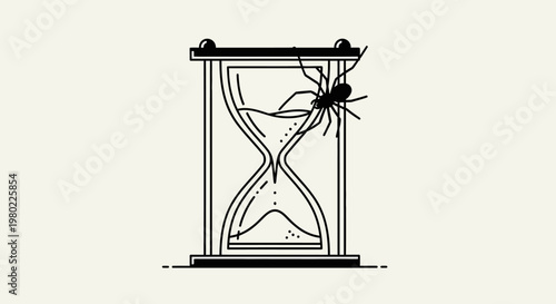 Black and white line art illustration of a spider on an hourglass.