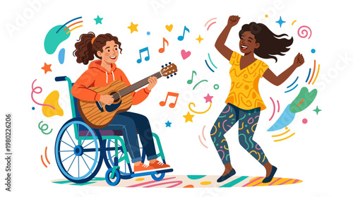 Woman in wheelchair playing guitar with friend.